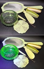 Old Vanity Set Celluloid w Glass Puff Jar Boot Hook Mirror Nail Buff 1920s