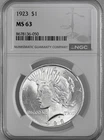 1923-P  $1 PEACE SILVER DOLLAR  "PHILADELPHIA MINT"  NGC MS63 #8678136-050