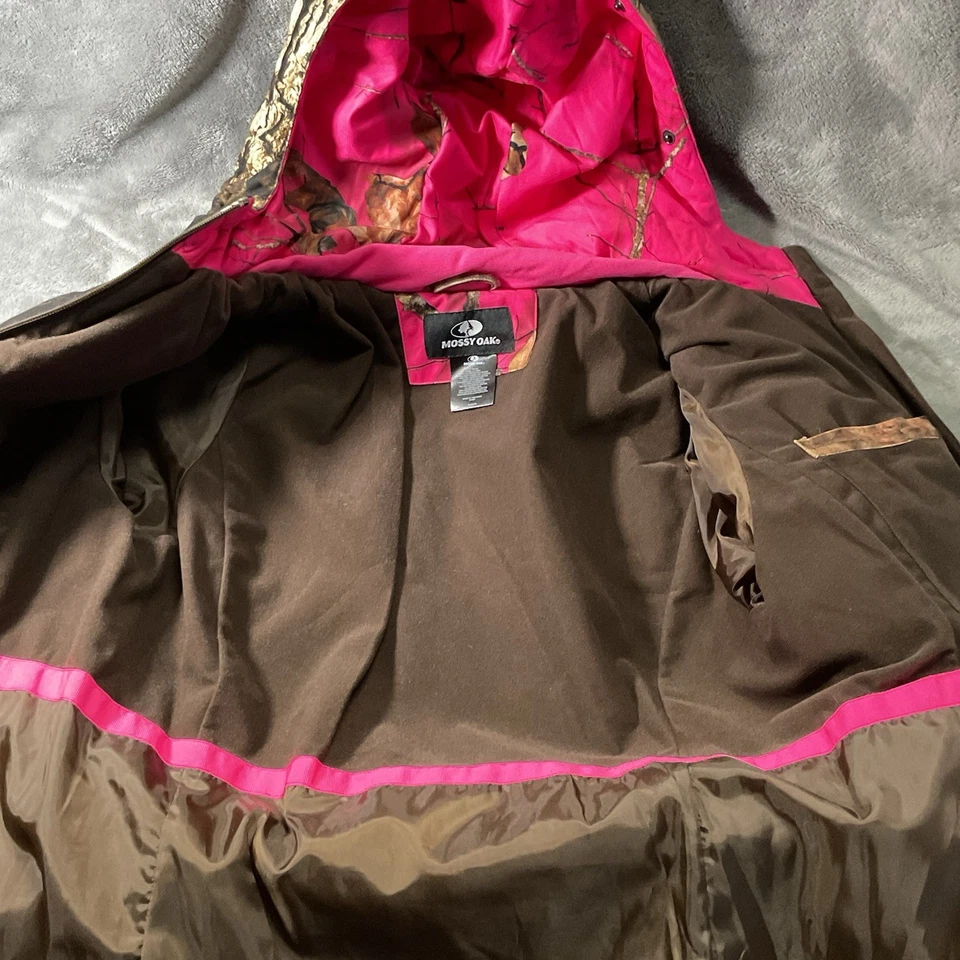 Chaqueta camuflada mediana Mossy Oak para mujer forrada rosa cremallera frontal abrigo de caza al aire libre Foto 3 de 4