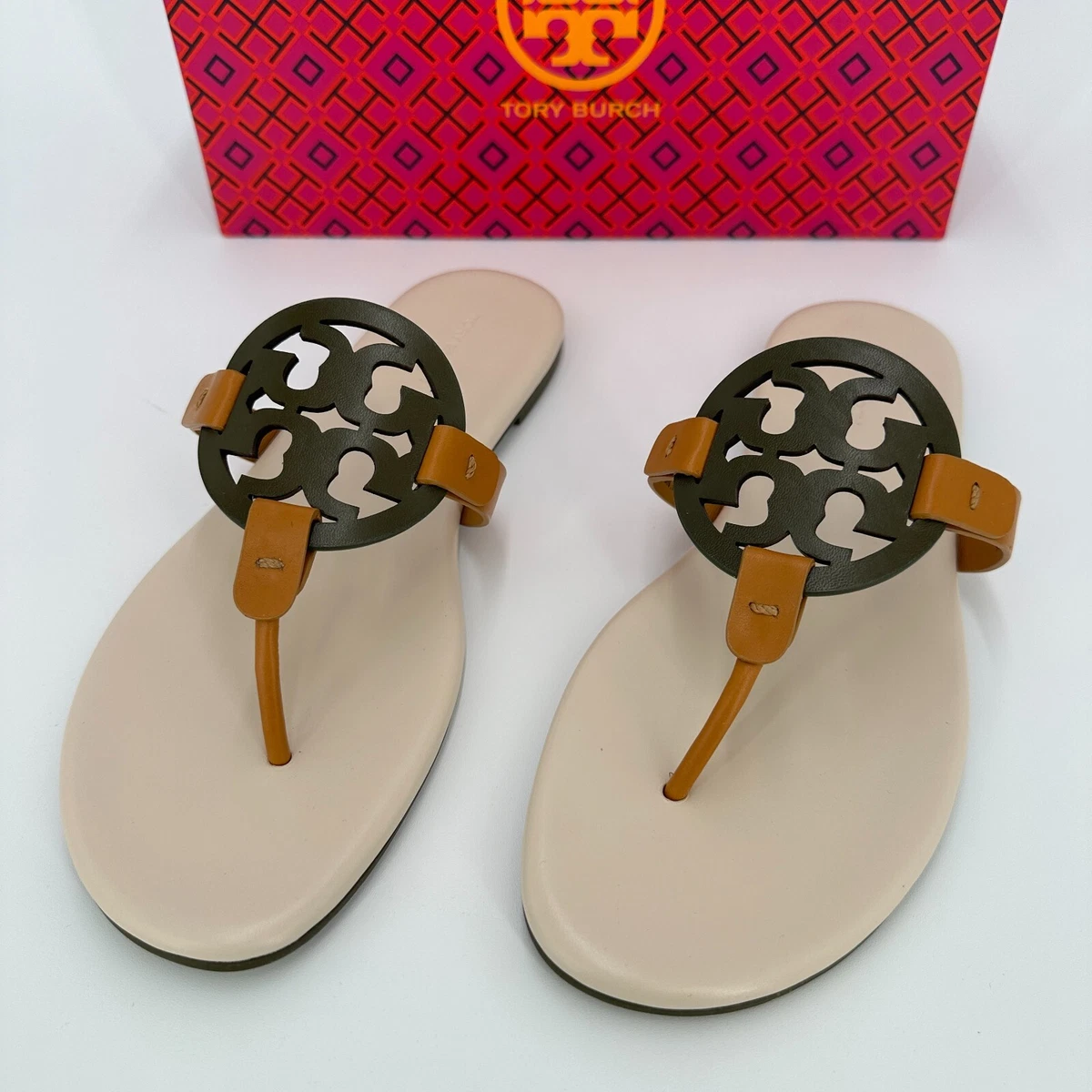 Tory Burch Miller Logo Sandals sz 9.5 Leccio Pesca Soft Calf