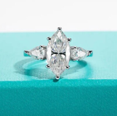 4 kt Marquise Ring Solitär Weißgold Laborgefertigter Diamant Test bestanden US: 4,5