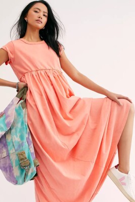NEW FREE PEOPLE Sz S CARISSA TEE DRESS MAXI TEE SHIRT DRESS IN FADED PEACH  | eBay