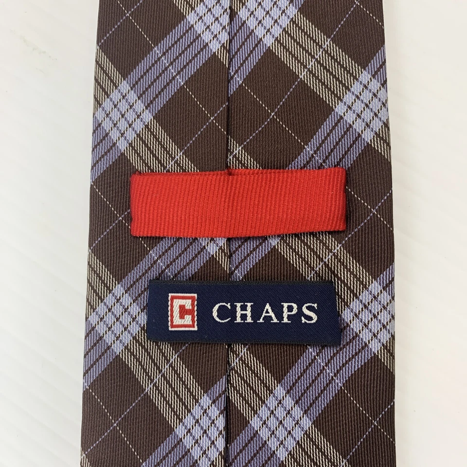 Corbata de seda CHAPS Ralph Lauren para hombre talla 3,5" x 59,5" marrón azul a cuadros corbata iglesia Foto 3 de 4