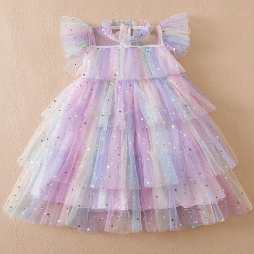 Girls Rainbow Dress Princess Dress Prom Mesh Dresses Kids Birthday Party Casual - Picture 16 of 32