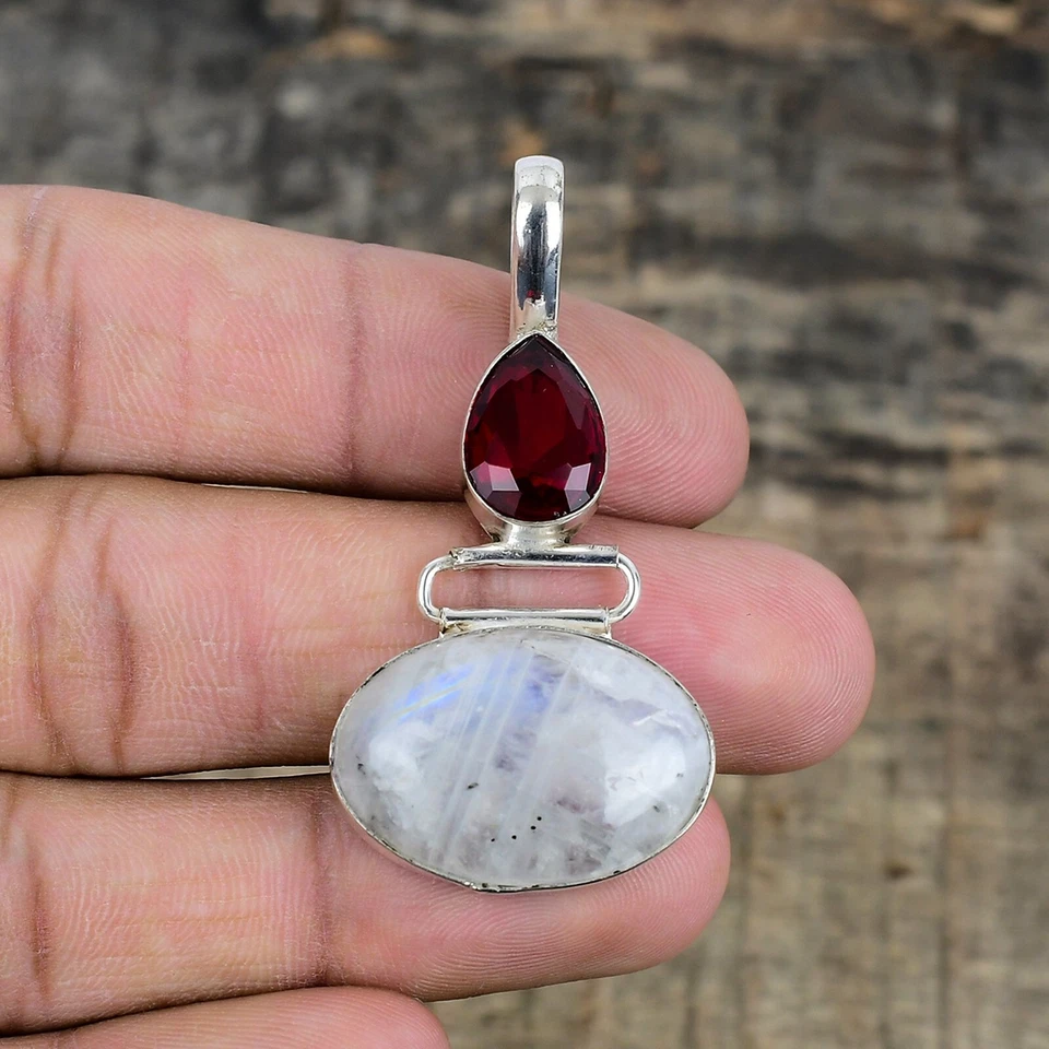 Pietra di Luna E Granato Fatto a Mano 925 Argento Sterling Ciondolo Gioielli Per - Immagine 2 di 4