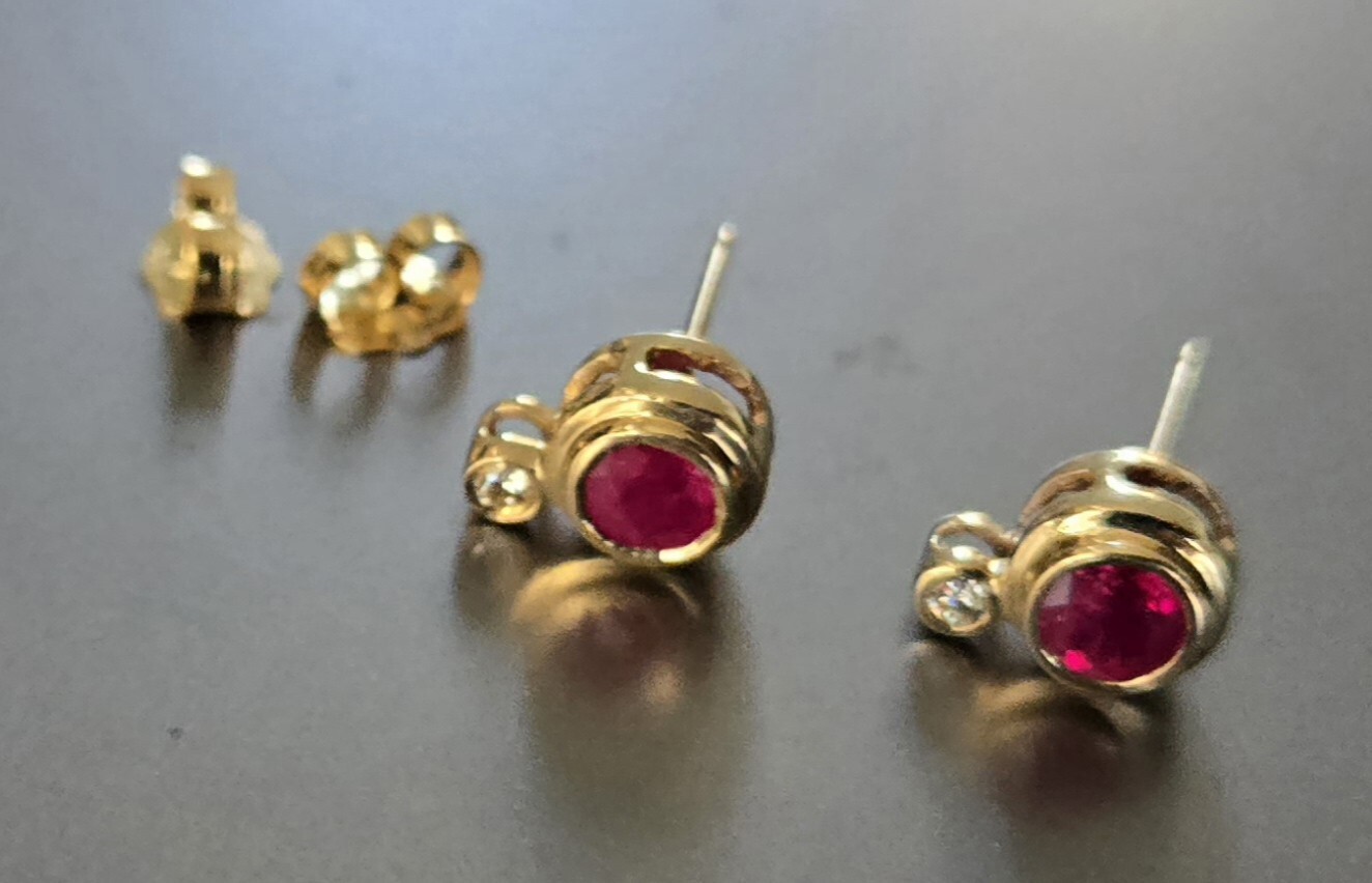 Solid 14K Yellow Gold Genuine Ruby Diamond Stud E… - image 3