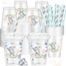 50 PCS 12 oz Pink Elephant Baby Shower Plastic Cups with Lids Straws for Party