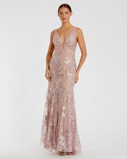 Mac Duggal 67481 Pink Floral Embellished Sleeveless Plunge Neck Gown Sz 14