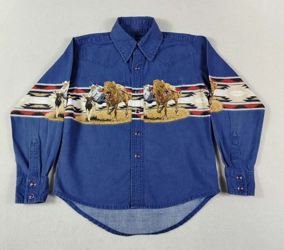 Chemise Wrangler Brushpopper Homme - Motif Aztèque Bleu, Perles, Snap, Western - Taille L