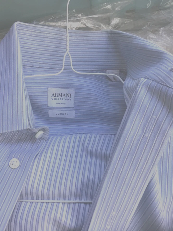 Camisa de vestir Armani Collezione puño francés azul a rayas algodón talla UE 38/ EE. UU. 15 Foto 2 de 4