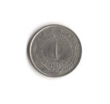 1981 Yugoslavia - 1 Dinar - 571 - Nickel Brass - 4g