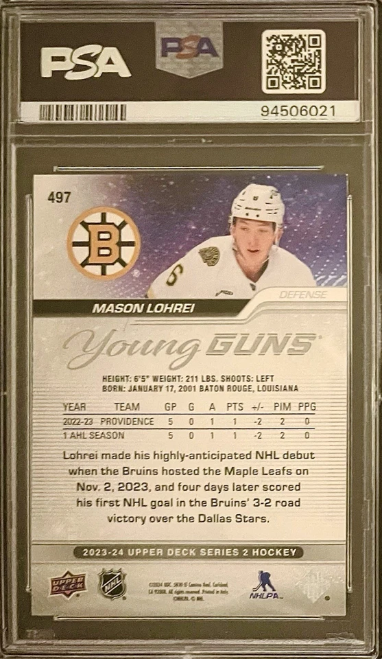 Mason Lohrei (RC) 2023-24 Upper Deck Young Guns #497 PSA 9 Rookie Boston Bruins - Image 2 of 2