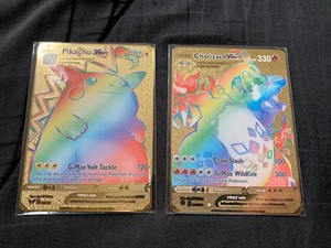 Pokemon GOLD Rainbow Pikachu + Charizard VMAX Metal Cards CUSTOM 188/