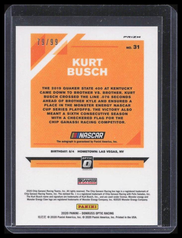 2020 Donruss Racing NASCAR Optic Signatures #31 Kurt Busch #79/99 - Image 2 of 2