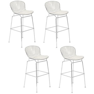 SET-OF-4-BERTOIA-25-034-H-WIRE-COUNTER-STOOLS-CHROMED-STEEL-WHITE-LEATHERETTE-PADS