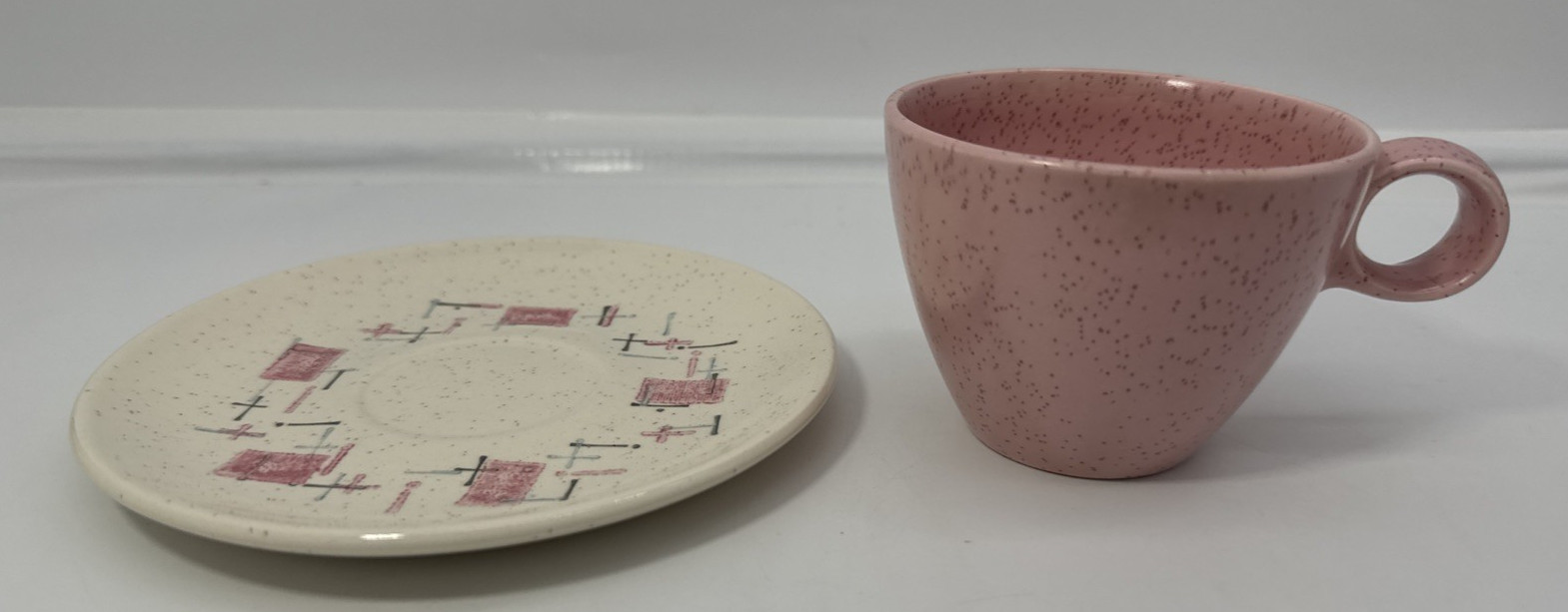 Vintage Metlox Vernon Ware "Tickled Pink" Speckled Cup & Saucer Retro Atomic MCM