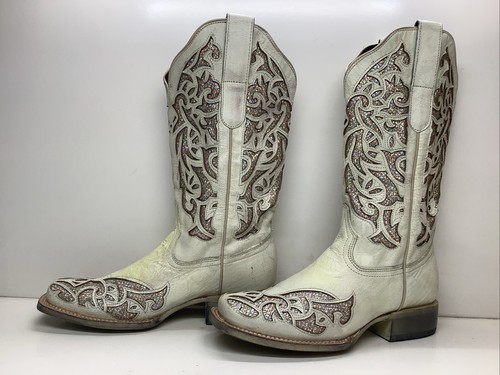 VTG WOMENS JB DILLON COWBOY INLAY SQ TOE IVORY BOOTS SIZE 8.5 B