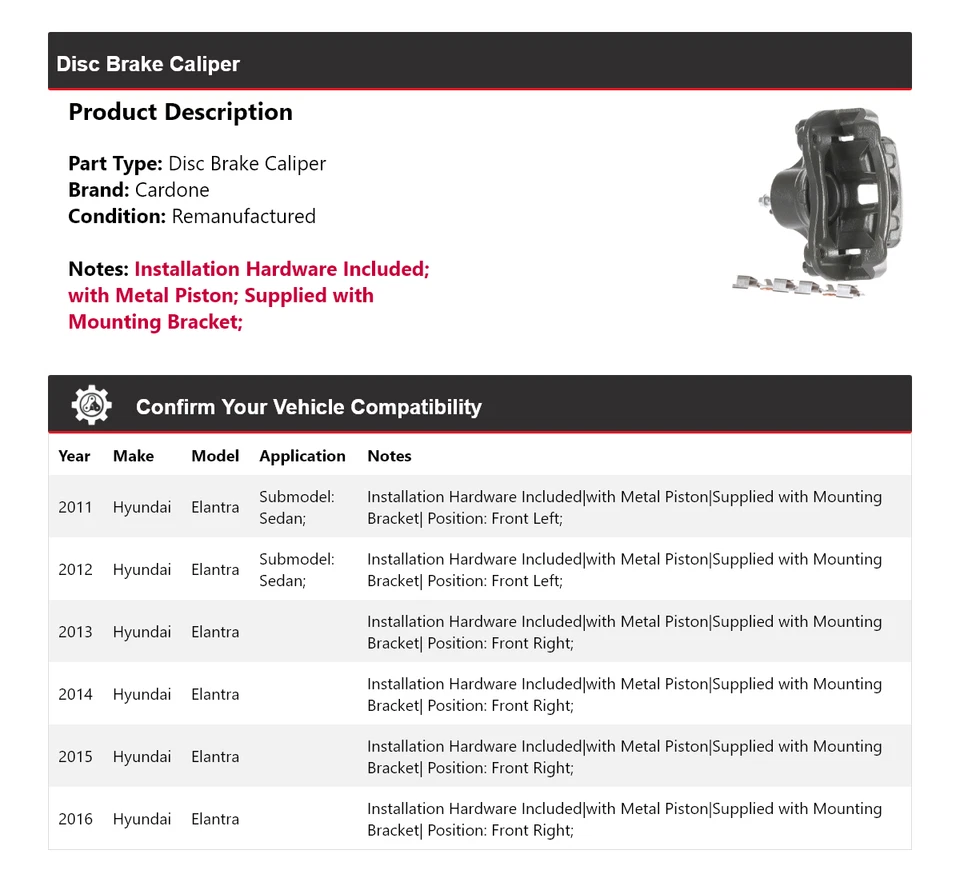 Pinça de freio a disco Cardone 2012 2013 2014 2015 para 2011-2016 Hyundai Elantra - Imagem 2 de 4