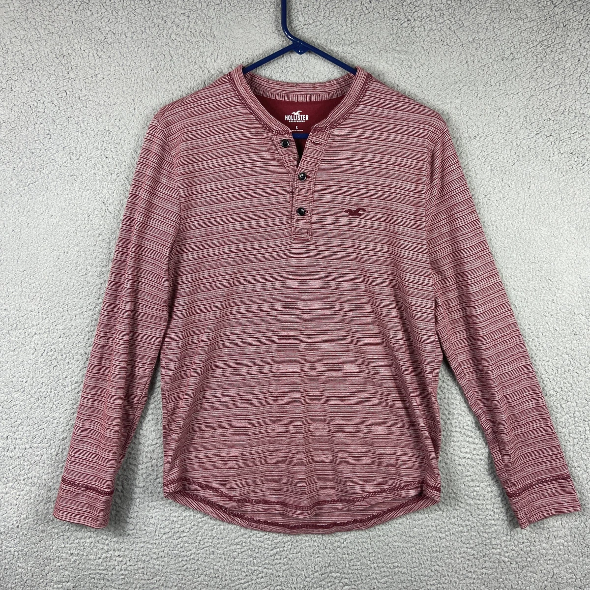 Hollister Shirt Mens S Red Striped Long Sleeve Henley Cotton Stretch Preppy