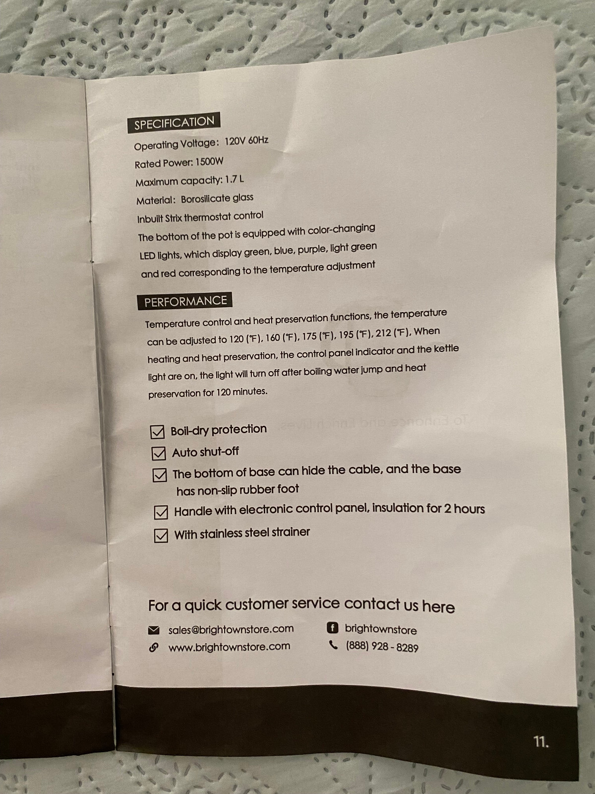 Brightown NEW Electric Tea Kettle NO BASE Glass Hot Water Pot with LED