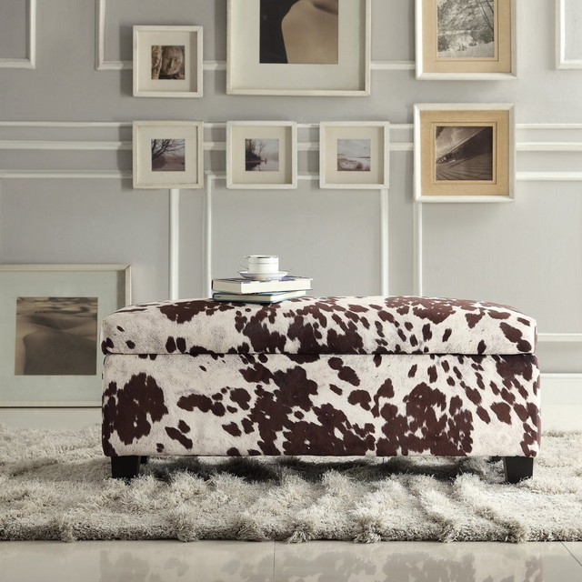 Storage Bench Modern Rustic Faux Cow Hide Print Fabric Living Storage Bench Modern Rustic Faux Cow Hide Print Fabric Living Bedroom Brown