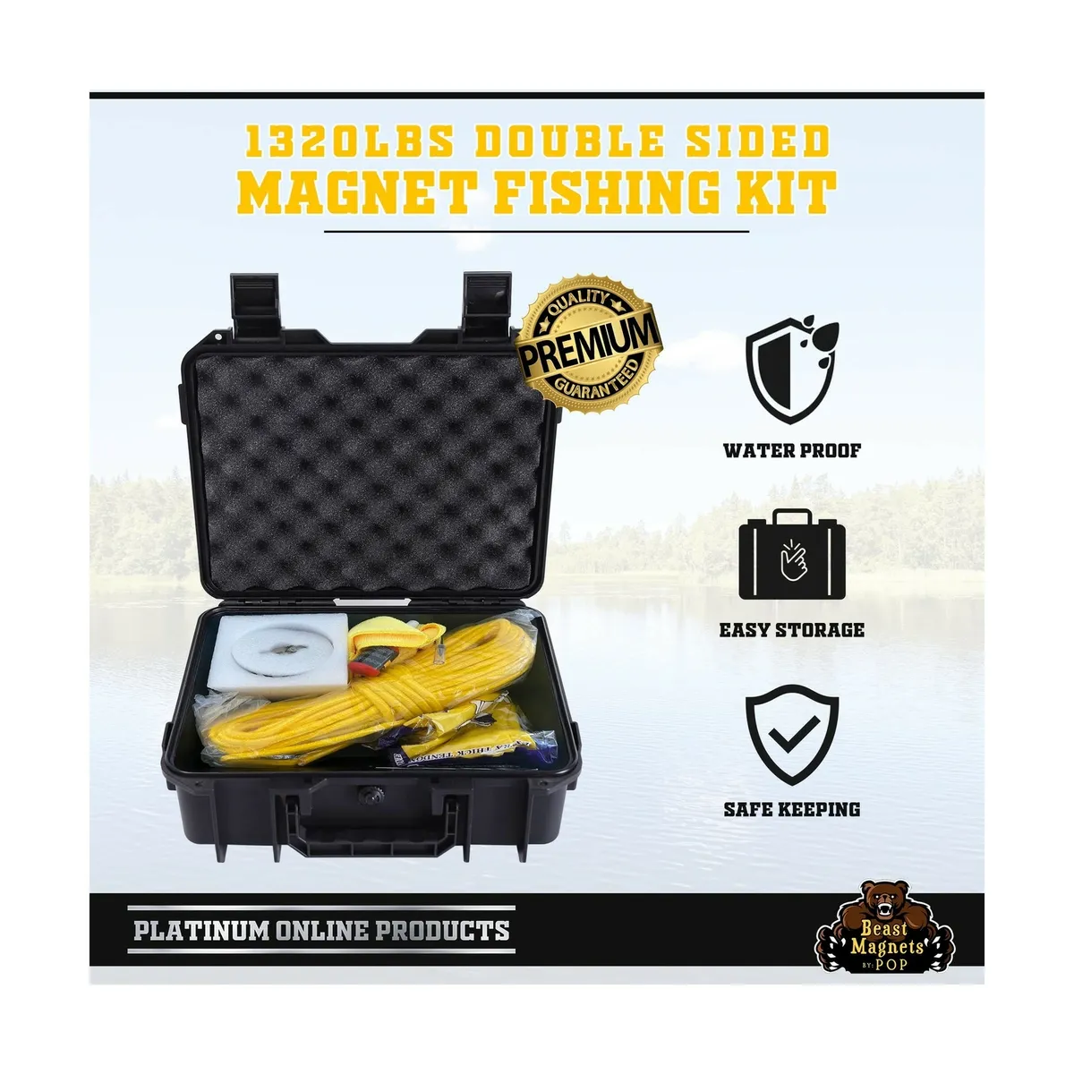 Platinum Online Prod 1320LB?s Complete Magnet Fishing Kit | Double Sided Fishing Magnet Kit with Case | Includes Strong Neodymium N52 Magnet, Durable