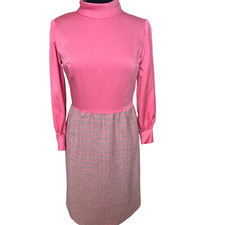 Vintage 60s Pink Mockneck Gray Plaid Wool Secretary Dress Small Medium Spring
