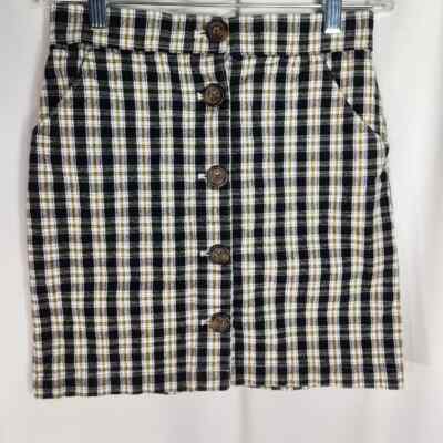 Hollister Black White Yellow Plaid Front Button Skirt w/Pockets Size