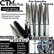 20x 6" Xtra Tall Chrome 12x1.5 Spike Lug Nut +Key Fit Chevy Malibu Corvette More