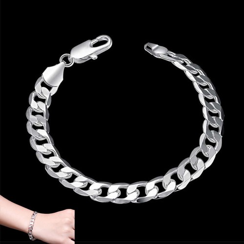 Men Women 925 Silver Bracelet Stylish Open Bangle Wide 8mm Chain Link 8 inch