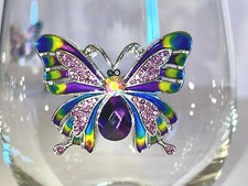 X4 JEWELED PURPLE BUTTERFLY WINE GLASSES. STEMLESS.  SET of 4. GORGEOUS!