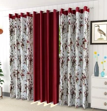 3 Pieces Maroon Geometric Printed Eyelet Door Window Curtains Set 5 7 9 Feet