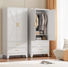 71"Metal Wardrobe Cabinet with 2 Drawers and Hanging Rod,  Closet for Bedroom