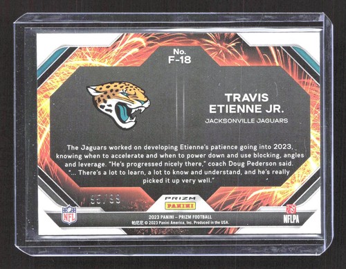 2023 Panini Prizm #F-18 Travis Etienne Jr. Fireworks Prizms Blue Ice #/99 - Picture 2 of 2