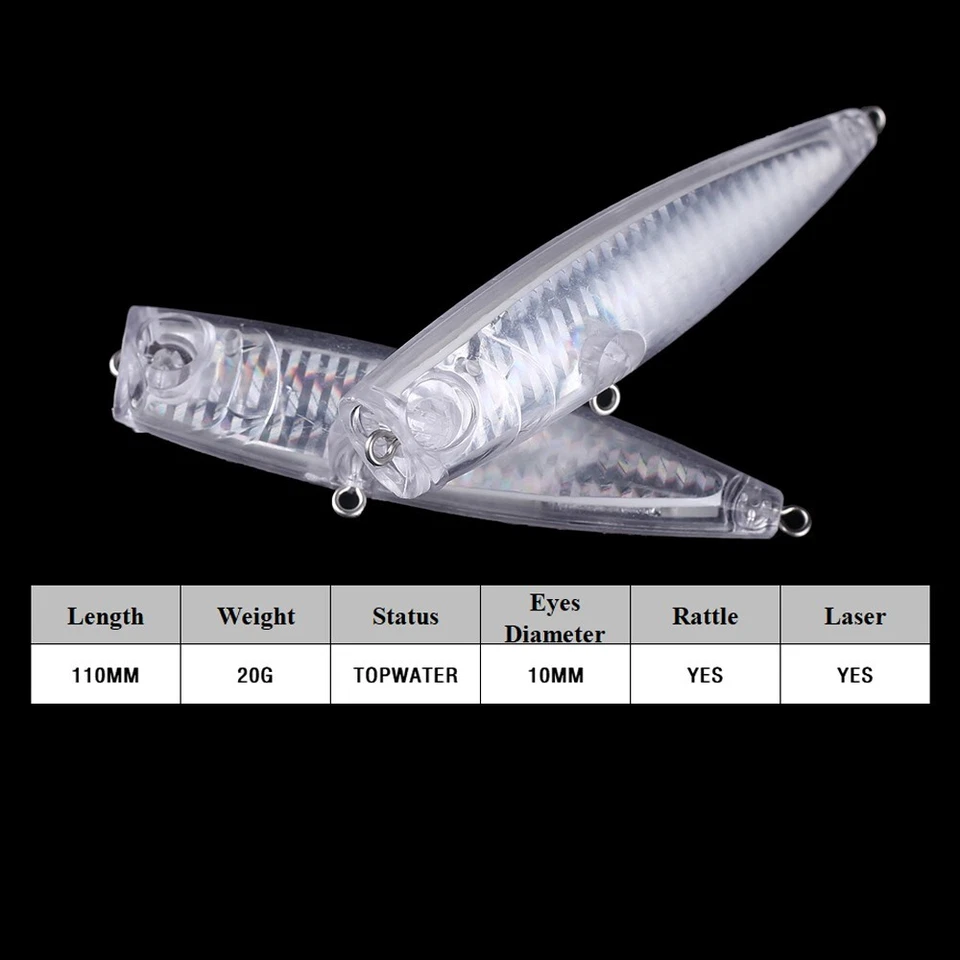10PCS 11cm 20g Rattle Holographic Popper Unpainted Bait Blank Fishing Lure model - Image 2 of 4