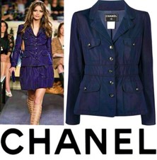 Chanel Vintage 2007 Blue Tweed Logo Jacket Skirt 2pc Suit Set 34 36 4 Vtg S M XS