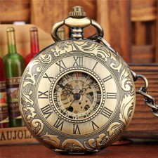 Vintage Style Men Skeleton Hand-Wind Mechanical Pocket Watch Chain Double Hunter