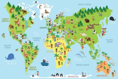 Laminated Cartoon World Map Children Animals Monuments Educational Sign Poster 1