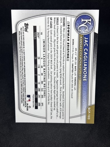 Jac Caglianone 2025 Bowman Chrome Purple Refractor /250 #BCP-103 1st Rookie RC - Picture 2 of 2