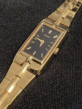 Vintage Seiko Women's Tank Gold-Tone / Black Dial Rectangular Watch New Battery
