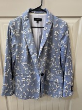 Talbots Floral Jacquard One Button Blazer White Blue Floral Women's 14P