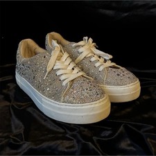 Betsey Johnson Crystal Rhinestone Sneakers Silver Bling Women  s Size 10M