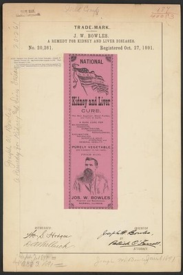 Photo:J W Bowles National Kidney and Liver Cure Trademark 1891 Remedy