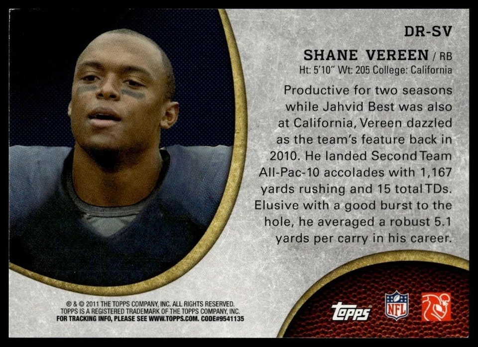 2011 Topps Rising Rookies #DR-SV Shane Vereen NFL Draft - Image 2 of 2