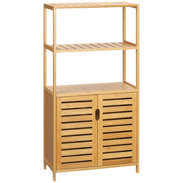 Badezimmerschrank Bambus Badschrank Hoch Mit 2 LamellentüRen, 2 Offene FäChern-image