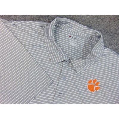 Clemson Tigers Shirt Mens 2XL Gray White Stripe Polo Golf Champion Orange Paw