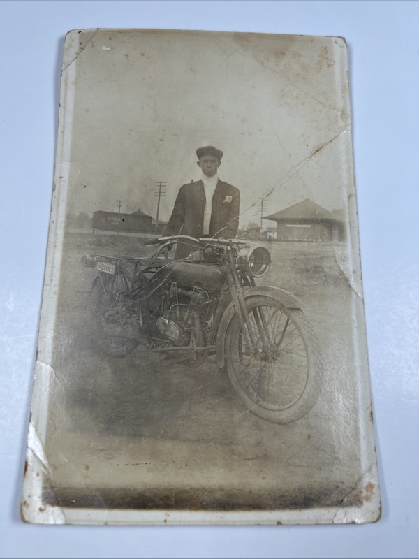 1910s-RPPC Indian Powerplus V-Twin Motorcycle Postcard-Wabash Depot Background