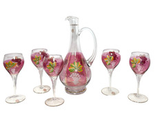 VINTAGE ROMANIAN HAND PAINED CRANBERRY WINE DECANTER & 5 GLASSES, PRISTINE