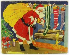 vintage 50's SANTA CLAUS w/Toys at FIREPLACE Christmas FRAME TRAY PUZZLE 3pix