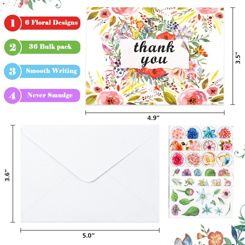 Thank You Cards with Envelopes, 36 Pack Floral Thank You Notes with 36 Envelo... - Picture 3 of 8